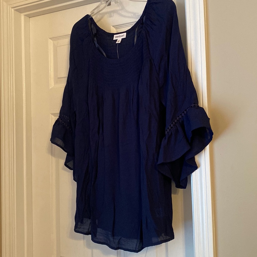NWT Smocked navy shirt with bell sleeve cuffs